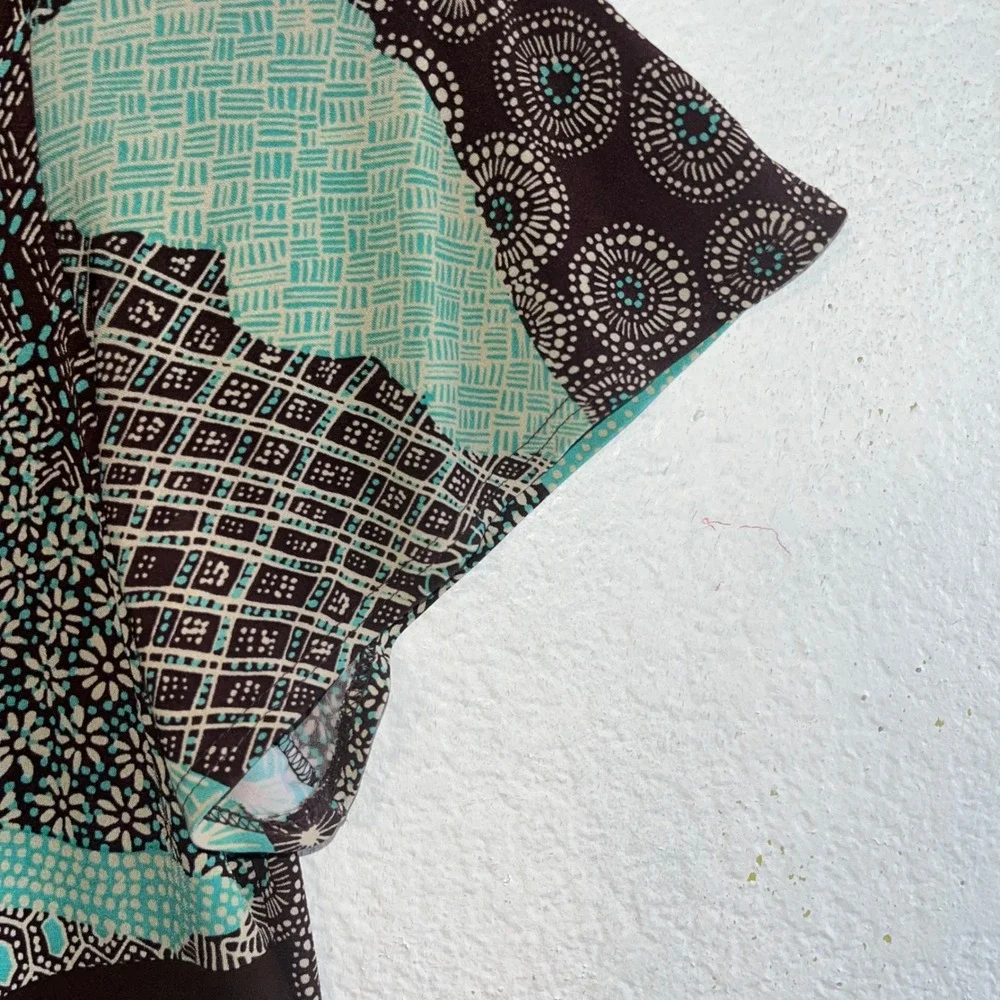 Elementz Womens‎ V-Neck Geometric Print Empire Waist Dress Brown Teal Large Y2K - Picture 9 of 11